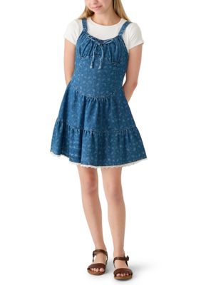 Rare Editions Girls 7-16 Denim Corset Denim Dress with Solid T-Shirt, Blue, 14