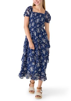 Rare Editions Girls 7-16 Floral Print Tiered Midi Dress, Navy Blue, 8