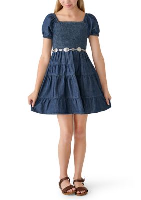 Rare Editions Girls 7-16 Chambray Tiered Belted Smocked Dress, Navy Blue, 14