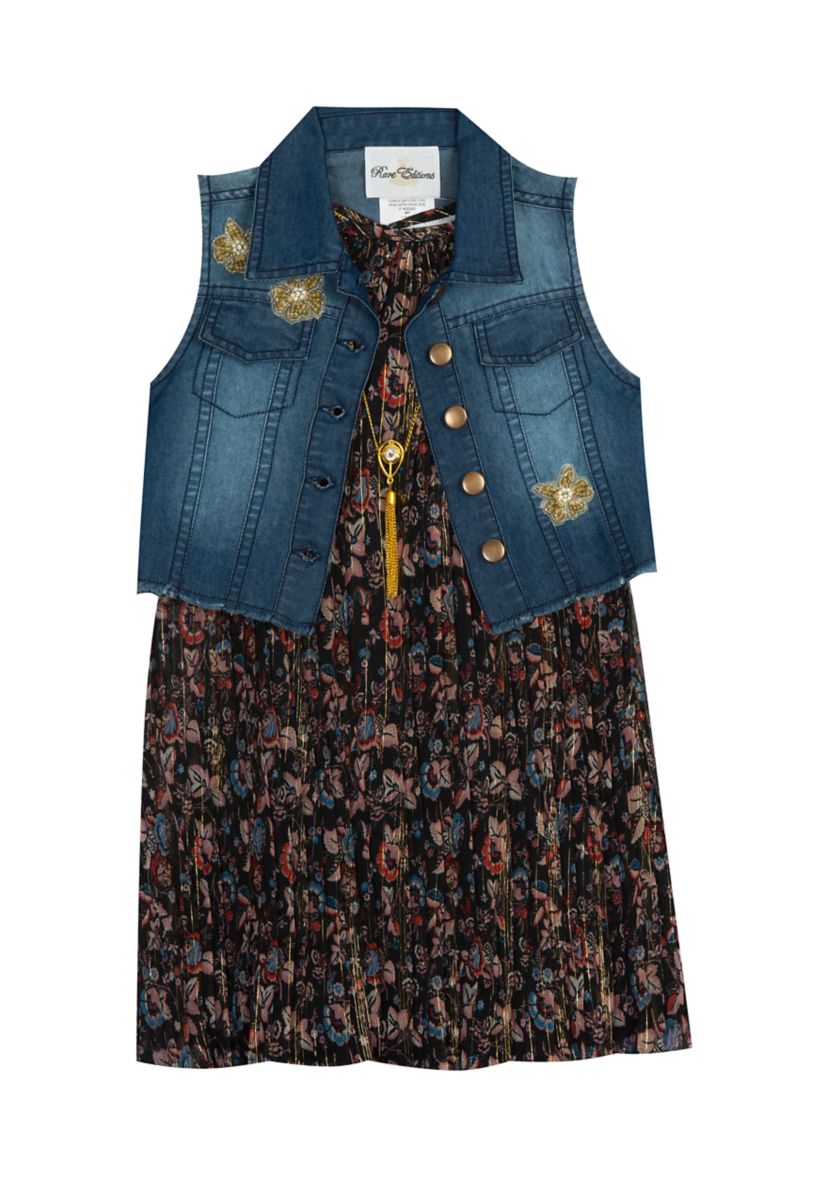 Girls 7-16 Pleated Printed Dress with Denim Vest