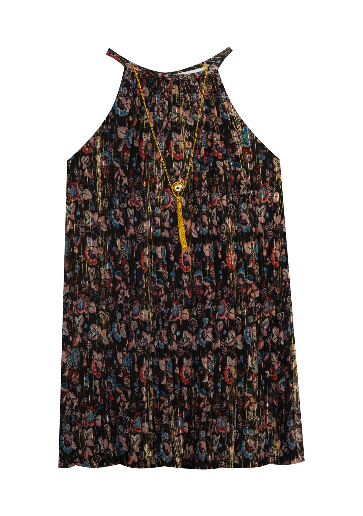 Girls 7-16 Pleated Printed Dress with Denim Vest