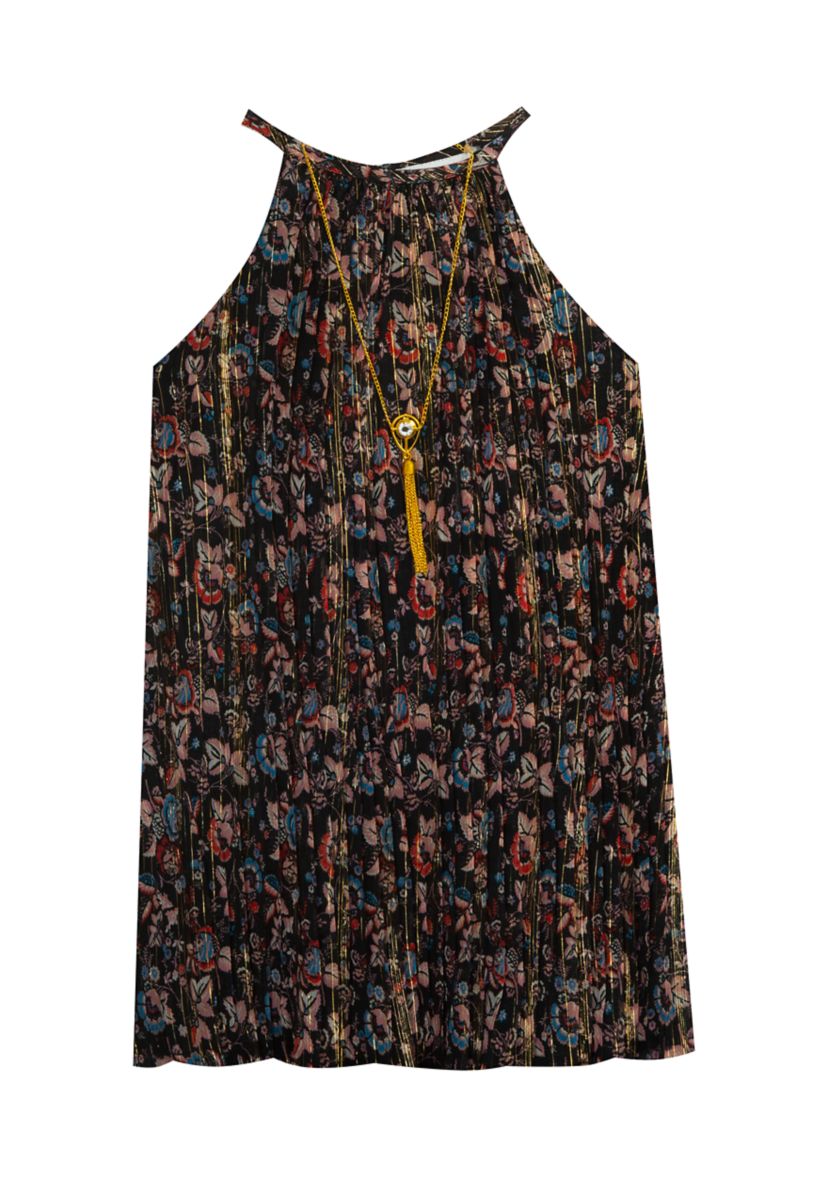 Girls 7-16 Pleated Printed Dress with Denim Vest