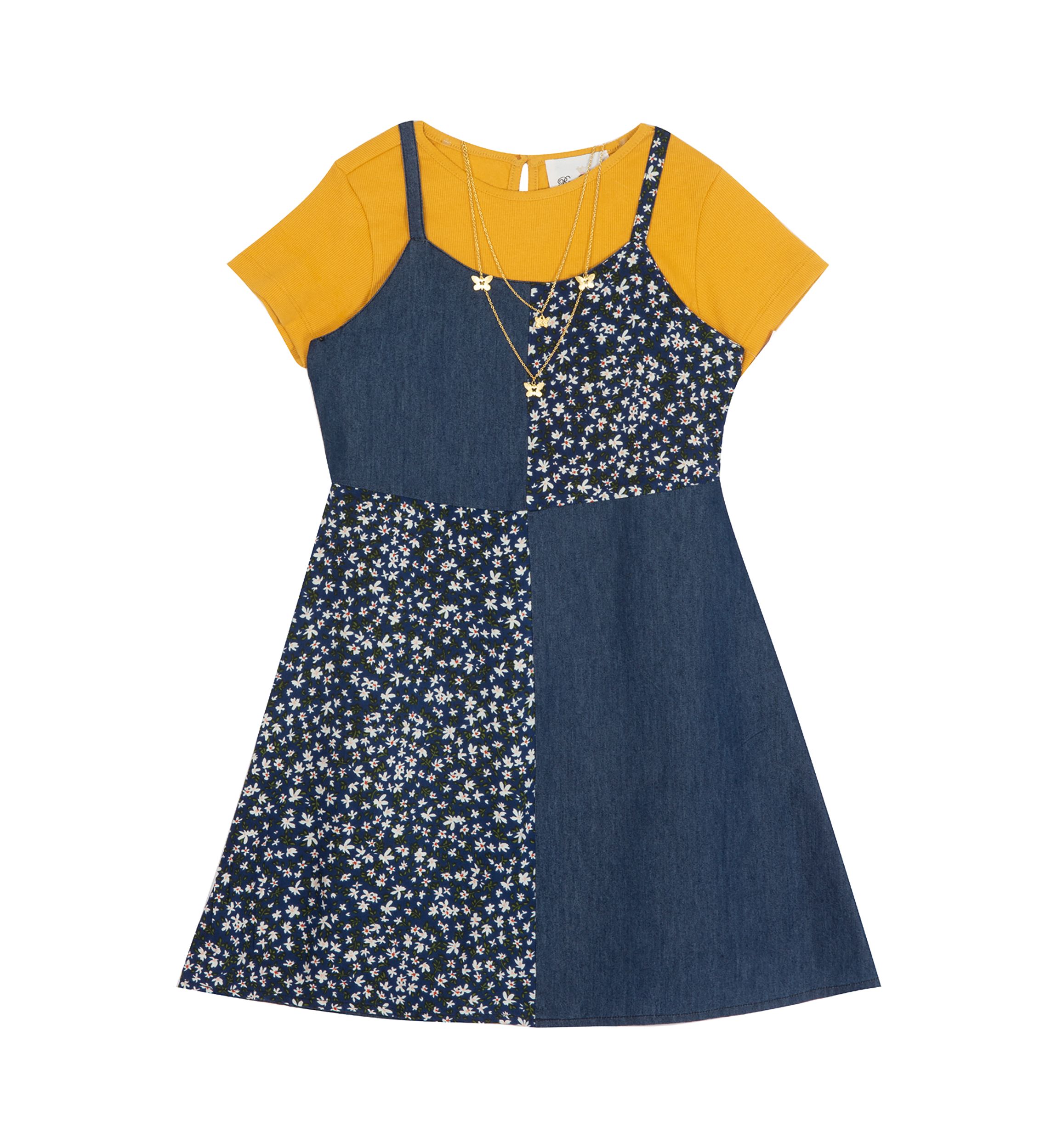 Girls 7-16 Patchwork Denim Jumper with Knit T-Shirt