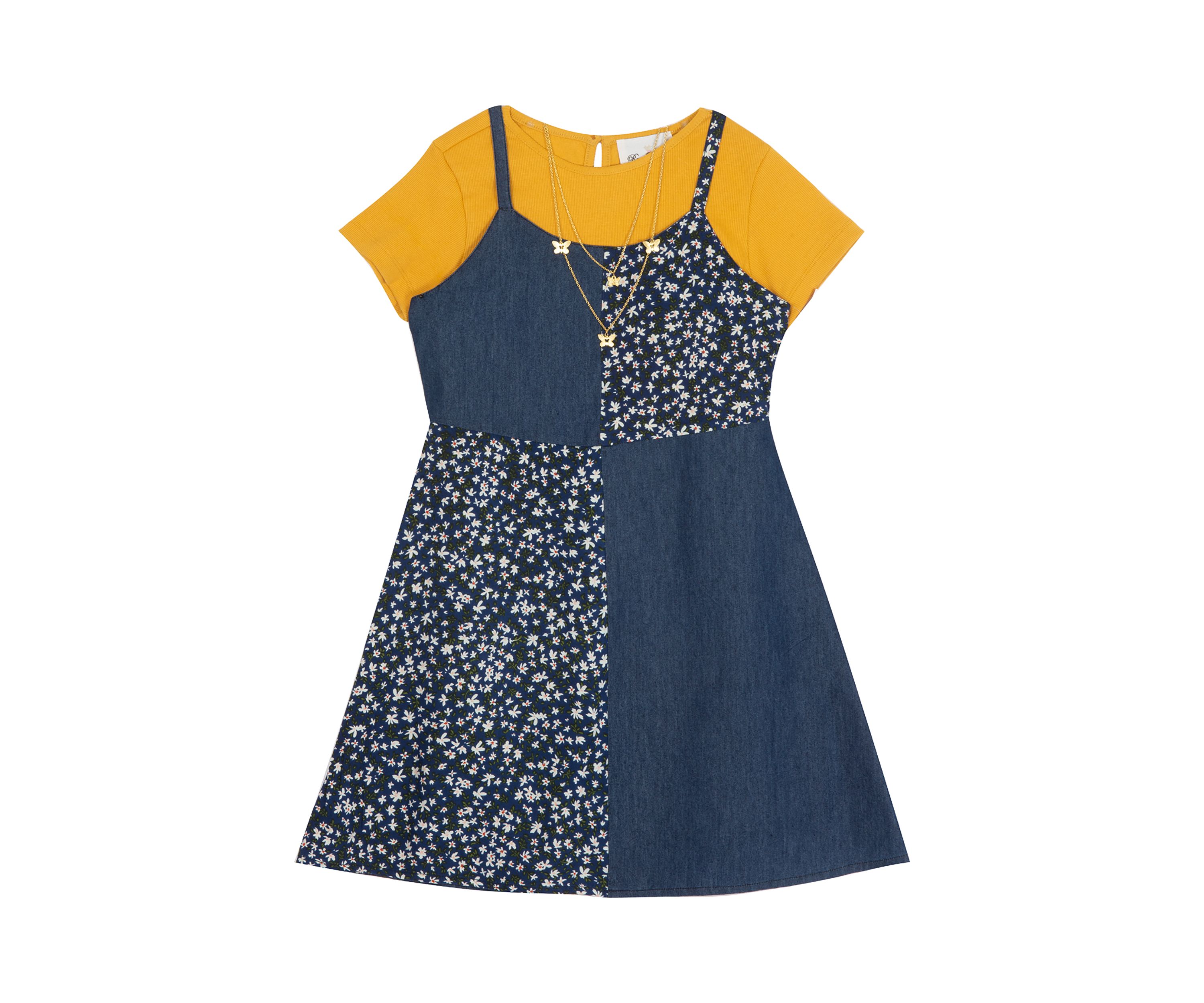 Girls 7-16 Patchwork Denim Jumper with Knit T-Shirt