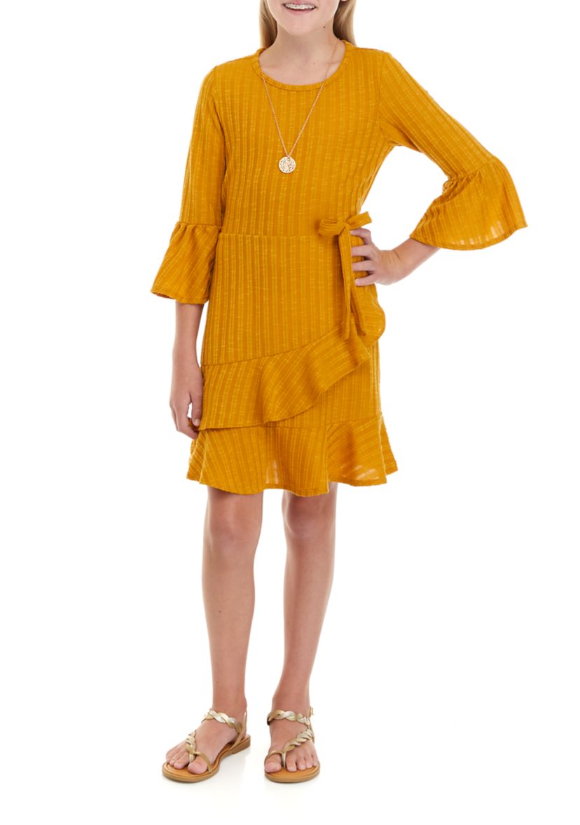 Girls 7-16 Textured Rib Knit Wrap Dress with Bell Sleeves