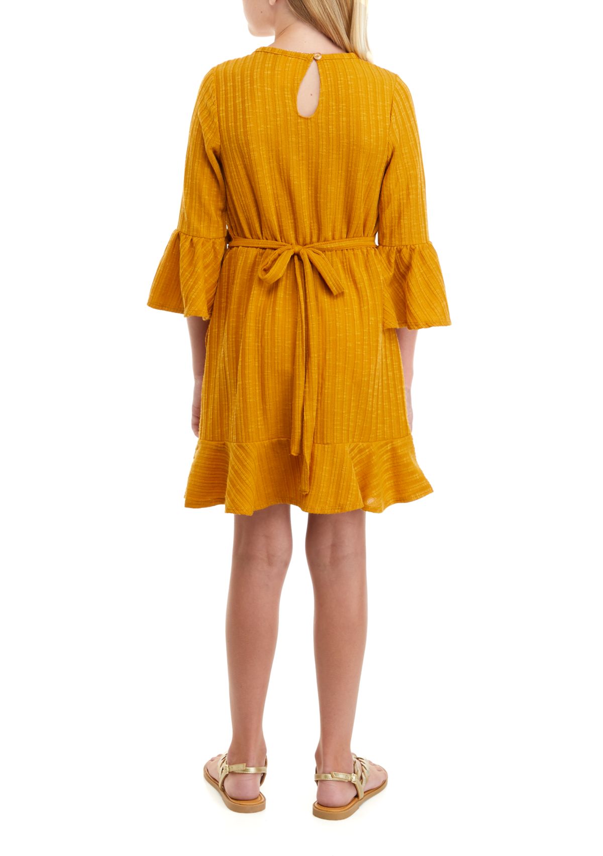 Girls 7-16 Textured Rib Knit Wrap Dress with Bell Sleeves