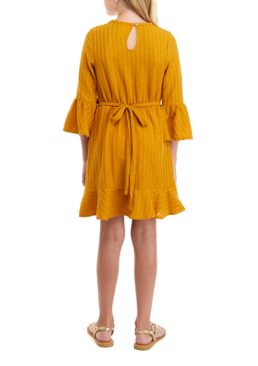 Girls 7-16 Textured Rib Knit Wrap Dress with Bell Sleeves