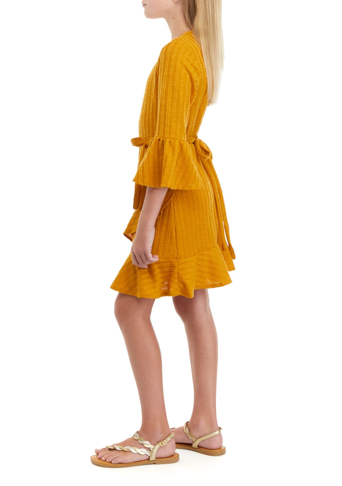 Girls 7-16 Textured Rib Knit Wrap Dress with Bell Sleeves