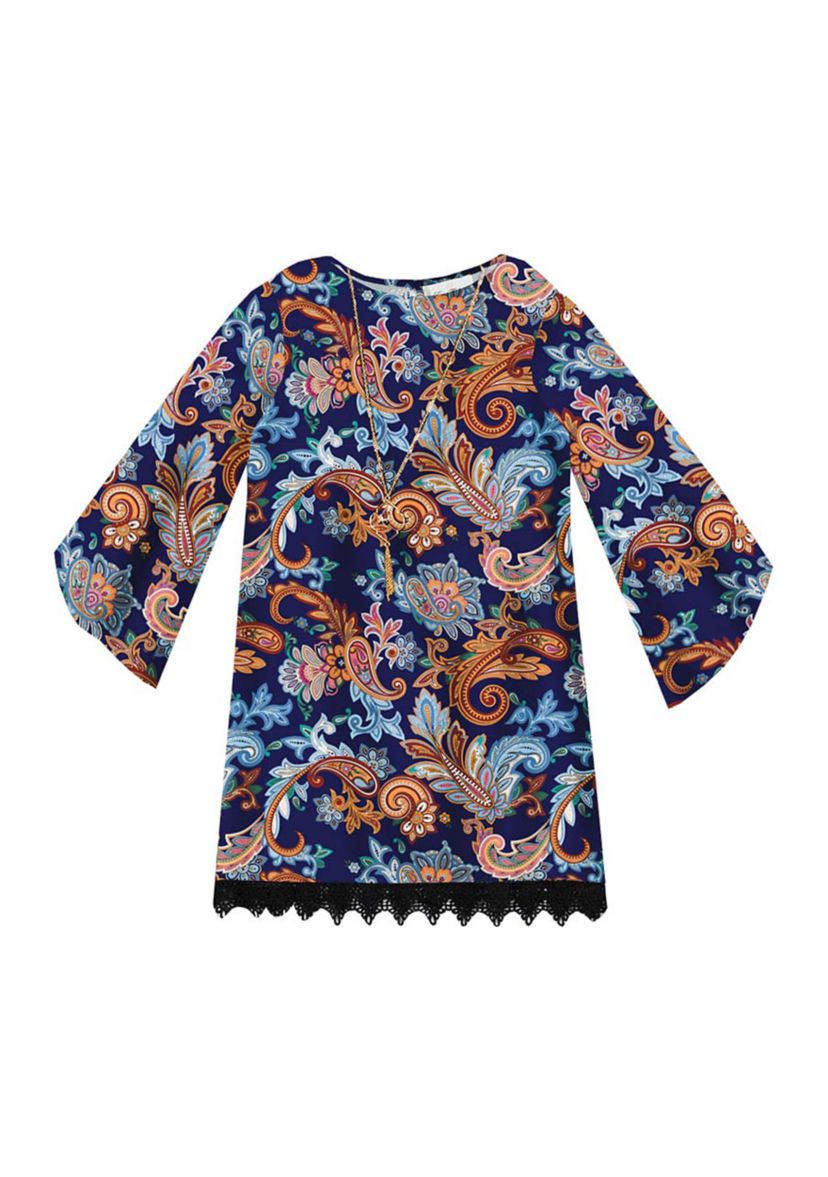 Girls 7-16 Brushed Knit Print Split Sleeve Shift Dress