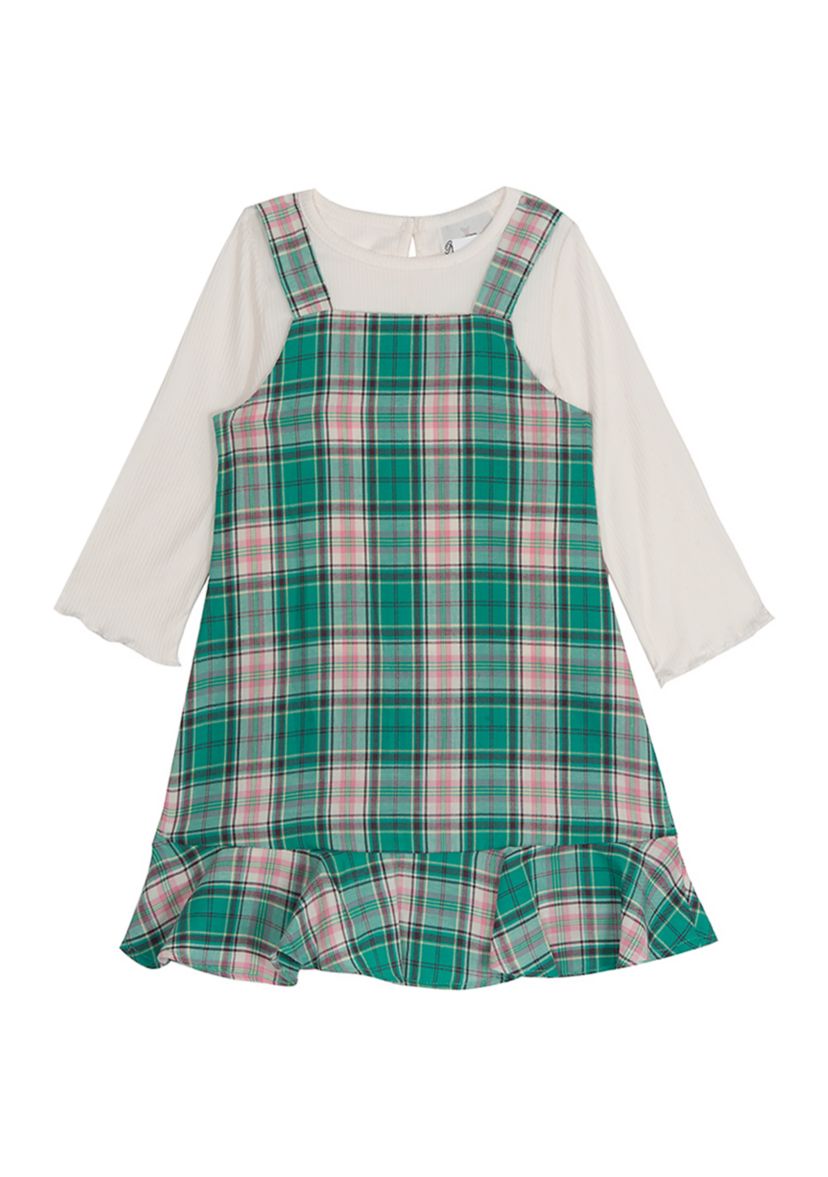 Girls 7-16 Woven Plaid Print Ruffle Jumper Dress