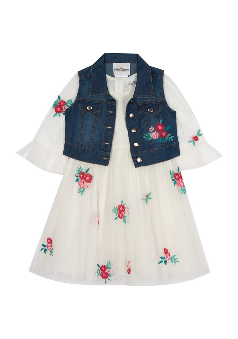 Girls 4-6x Denim Vest with Embroidered Dress 