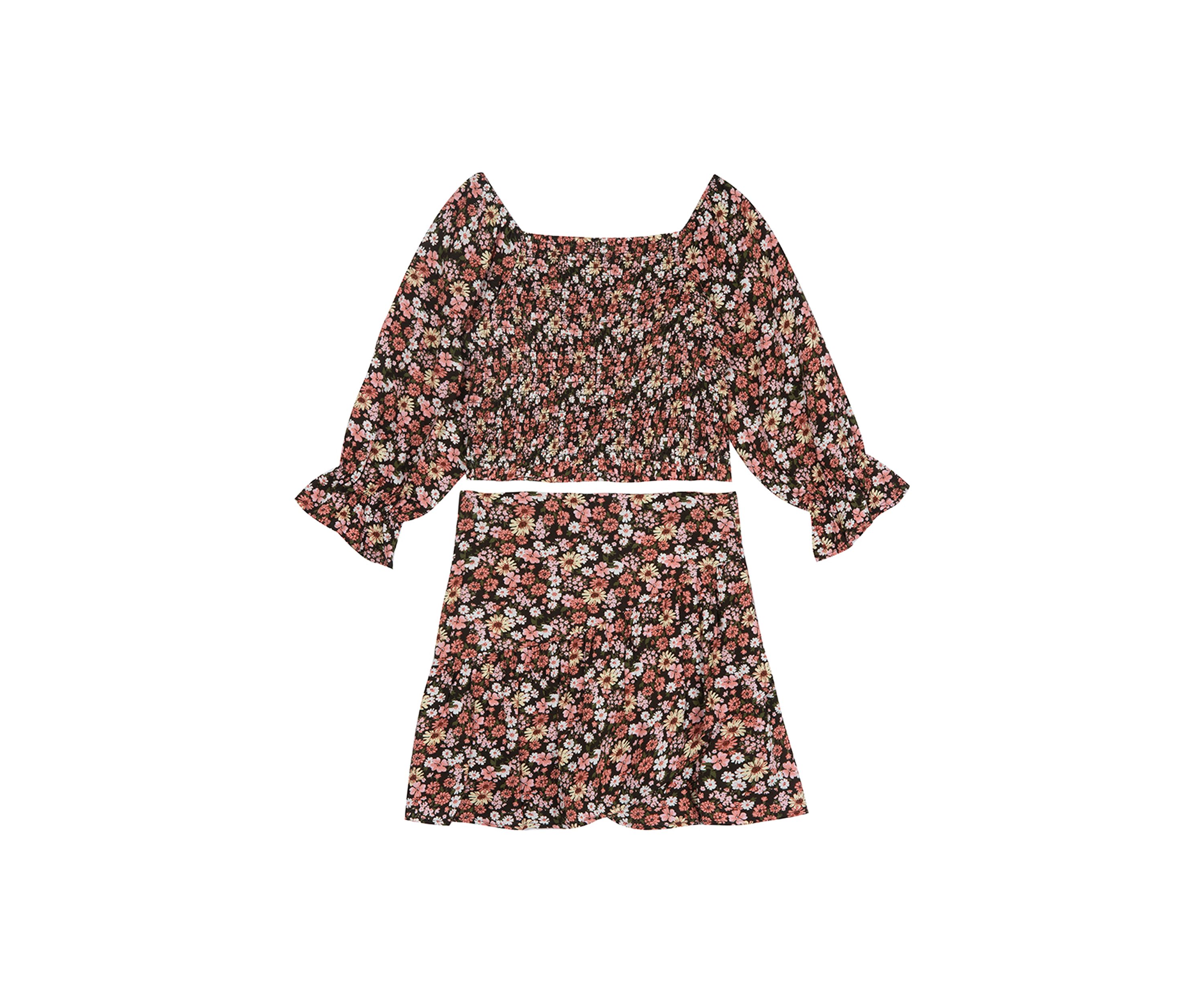 Girls 7-16 Printed Challis Smocked Top with Matching Ruffle Skort