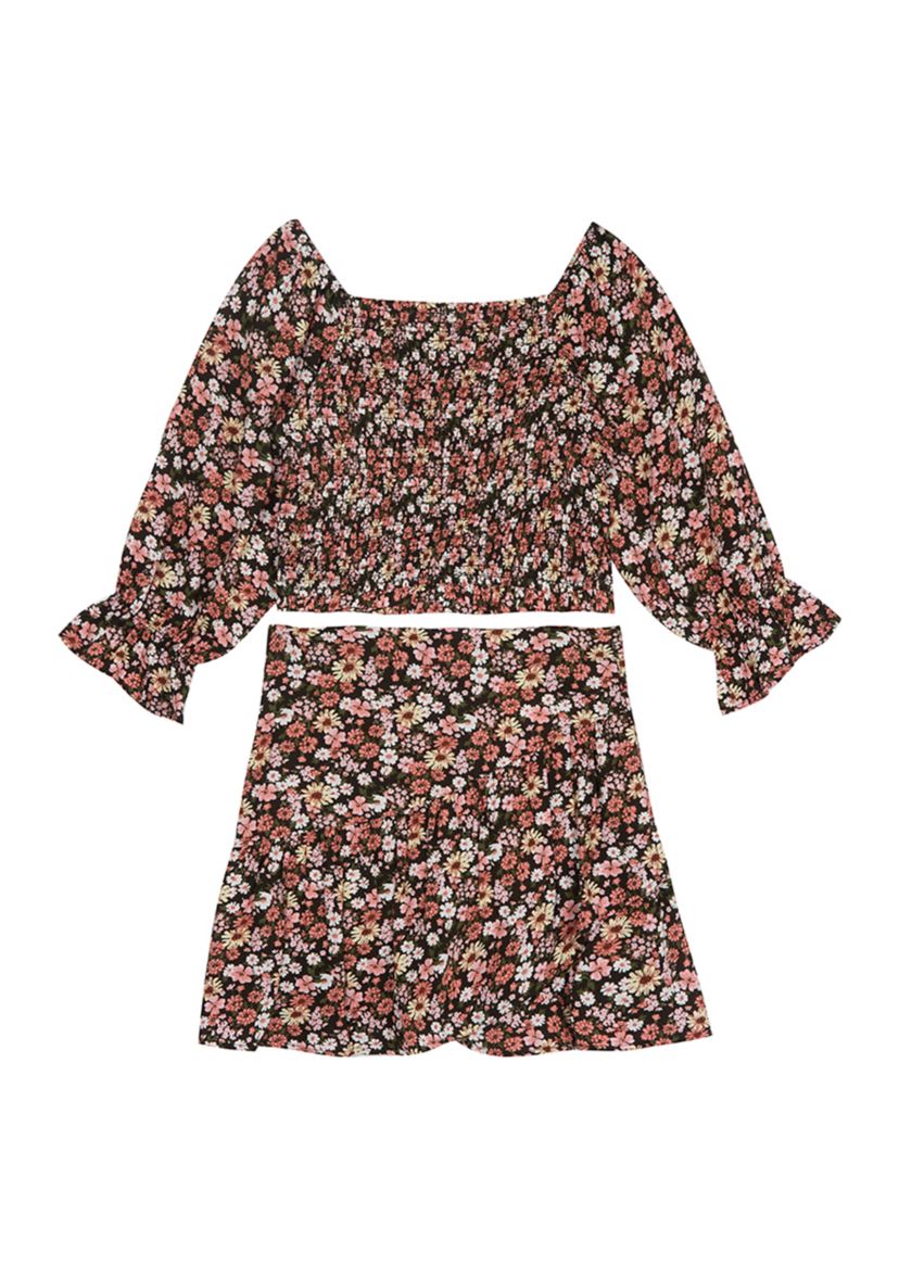 Girls 7-16 Printed Challis Smocked Top with Matching Ruffle Skort