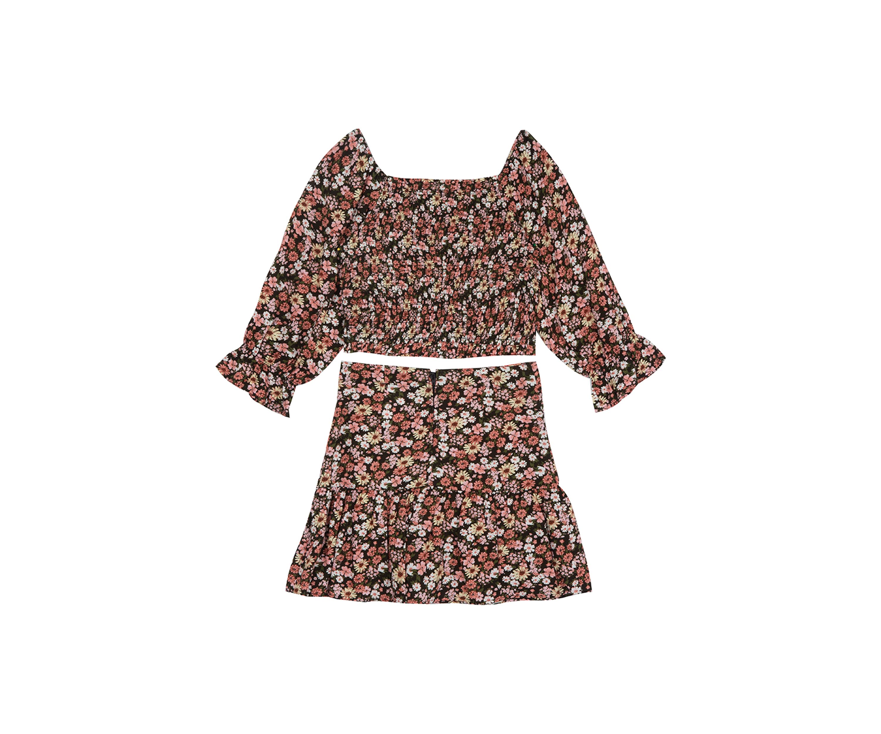 Girls 7-16 Printed Challis Smocked Top with Matching Ruffle Skort