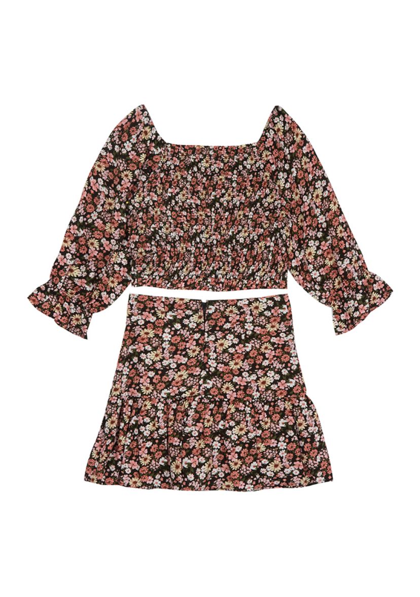 Girls 7-16 Printed Challis Smocked Top with Matching Ruffle Skort