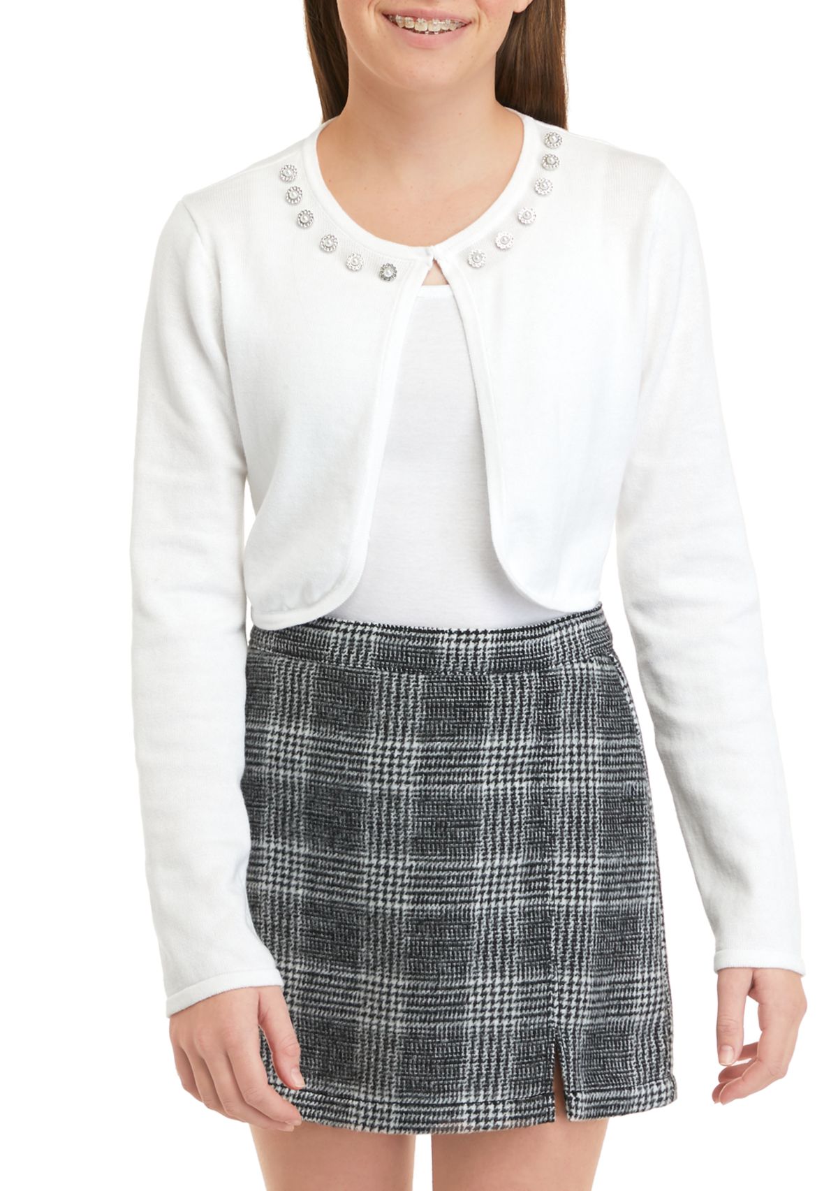 Girls 7-16 Bolero Sweater with Pearl Neckline
