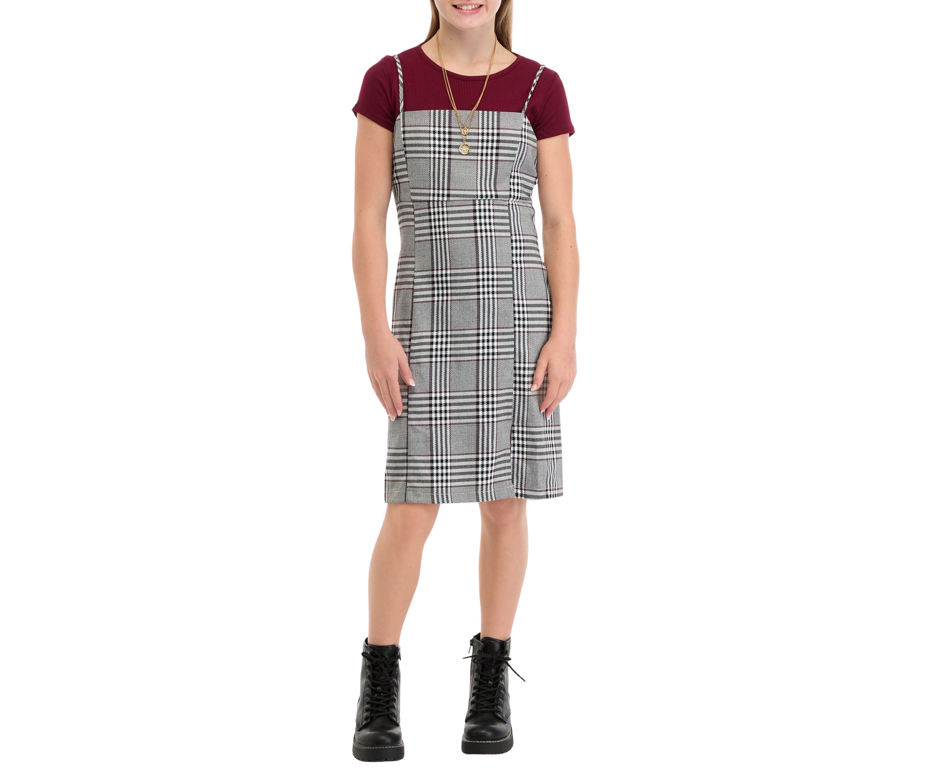Girls 7-16 Menswear Plaid Jumper with T-Shirt 