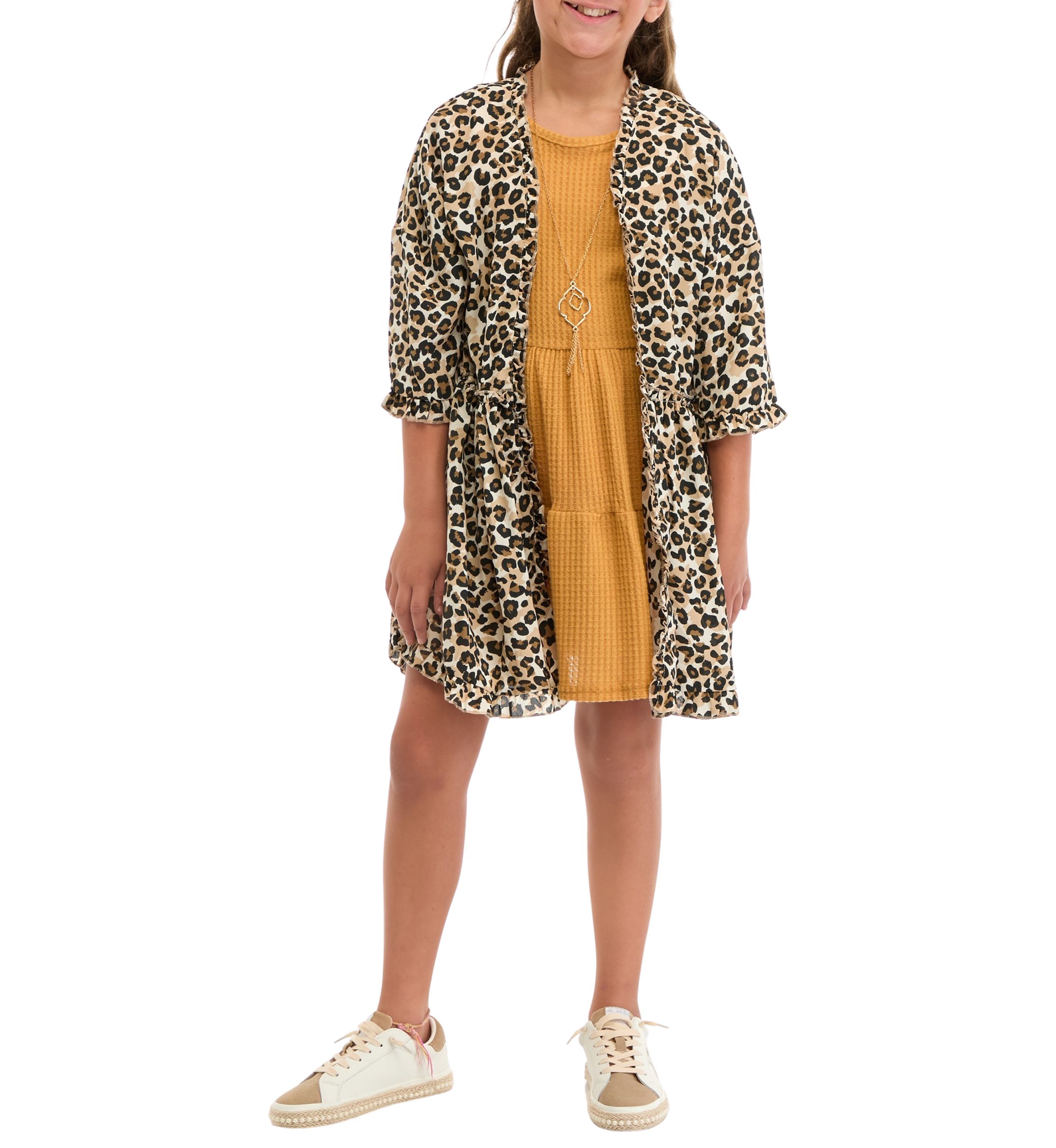 Girls 7-16 Animal Printed Kimono and Woven Dress Set