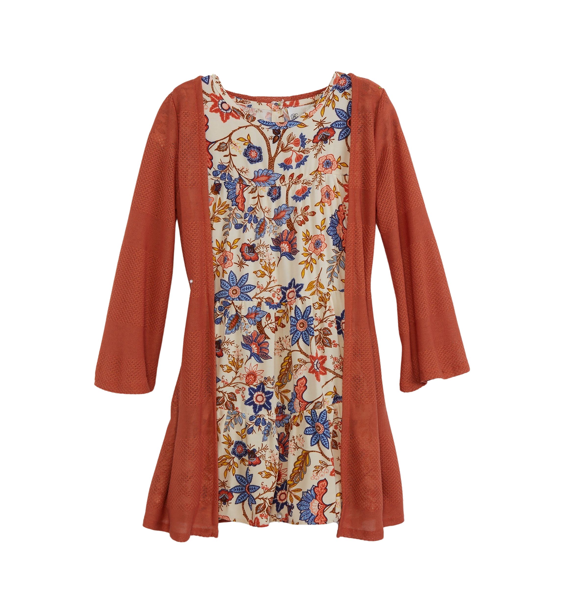 Girls 4-6x Multi Colored Floral Printed Dress with Cardigan