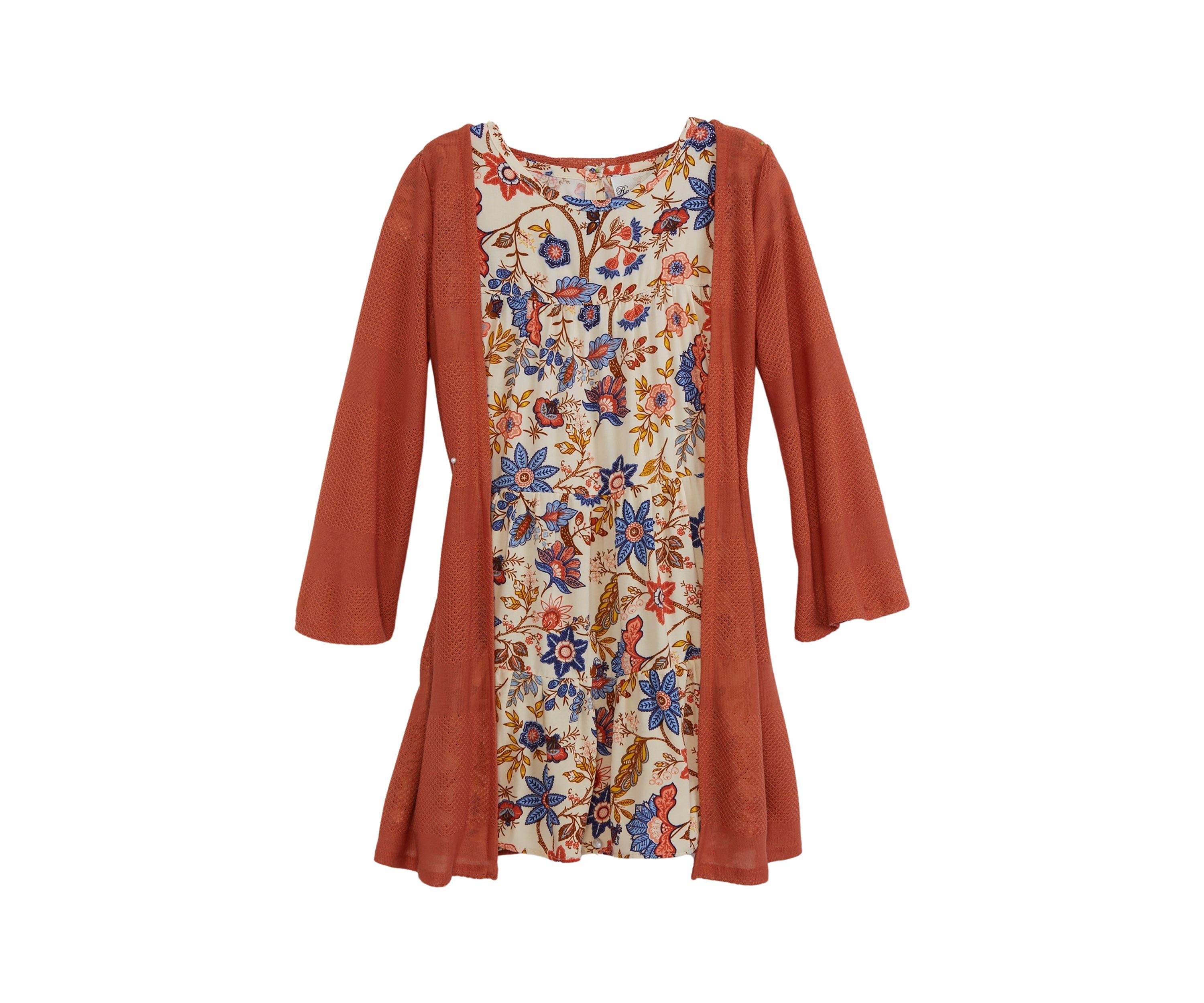 Girls 4-6x Multi Colored Floral Printed Dress with Cardigan