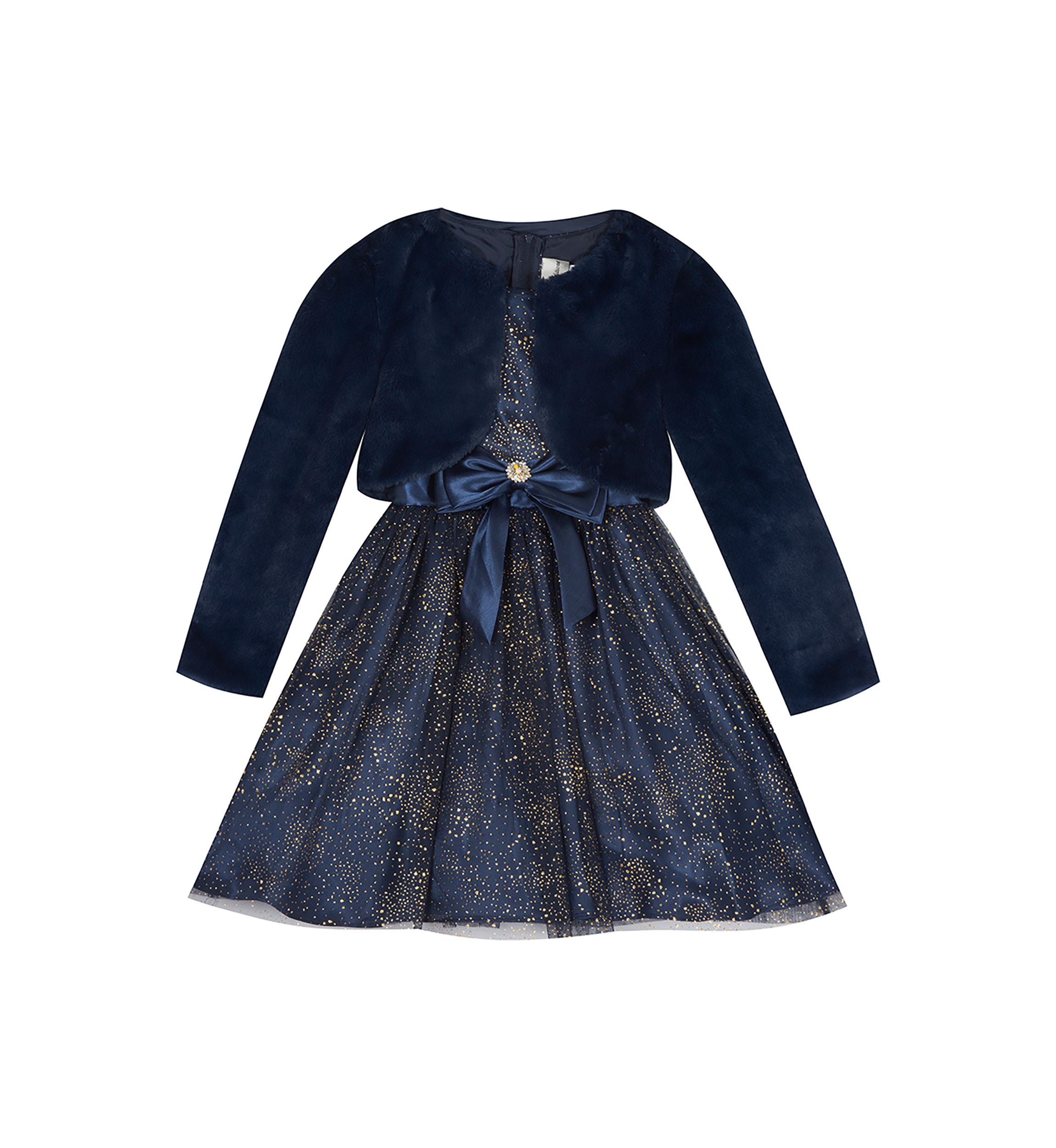 Girls 4-6x Foil Mesh Dress with Fur Jacket