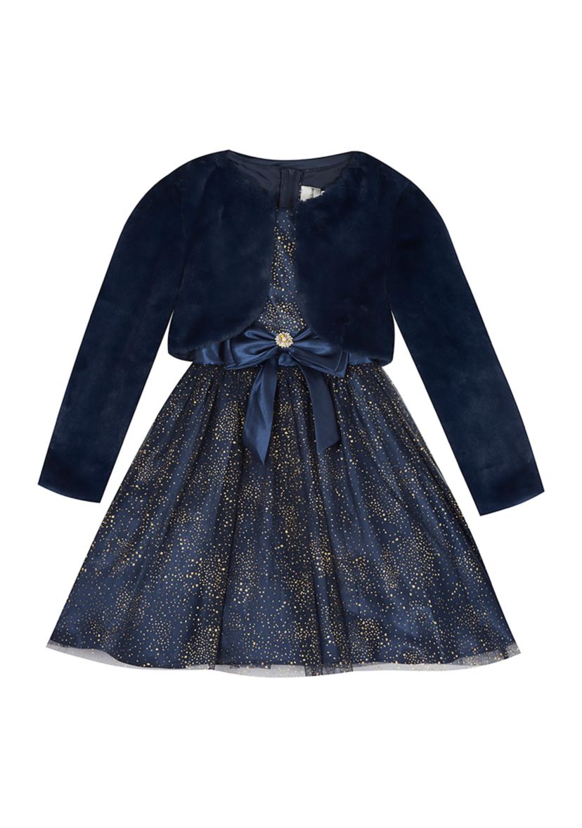Girls 4-6x Foil Mesh Dress with Fur Jacket