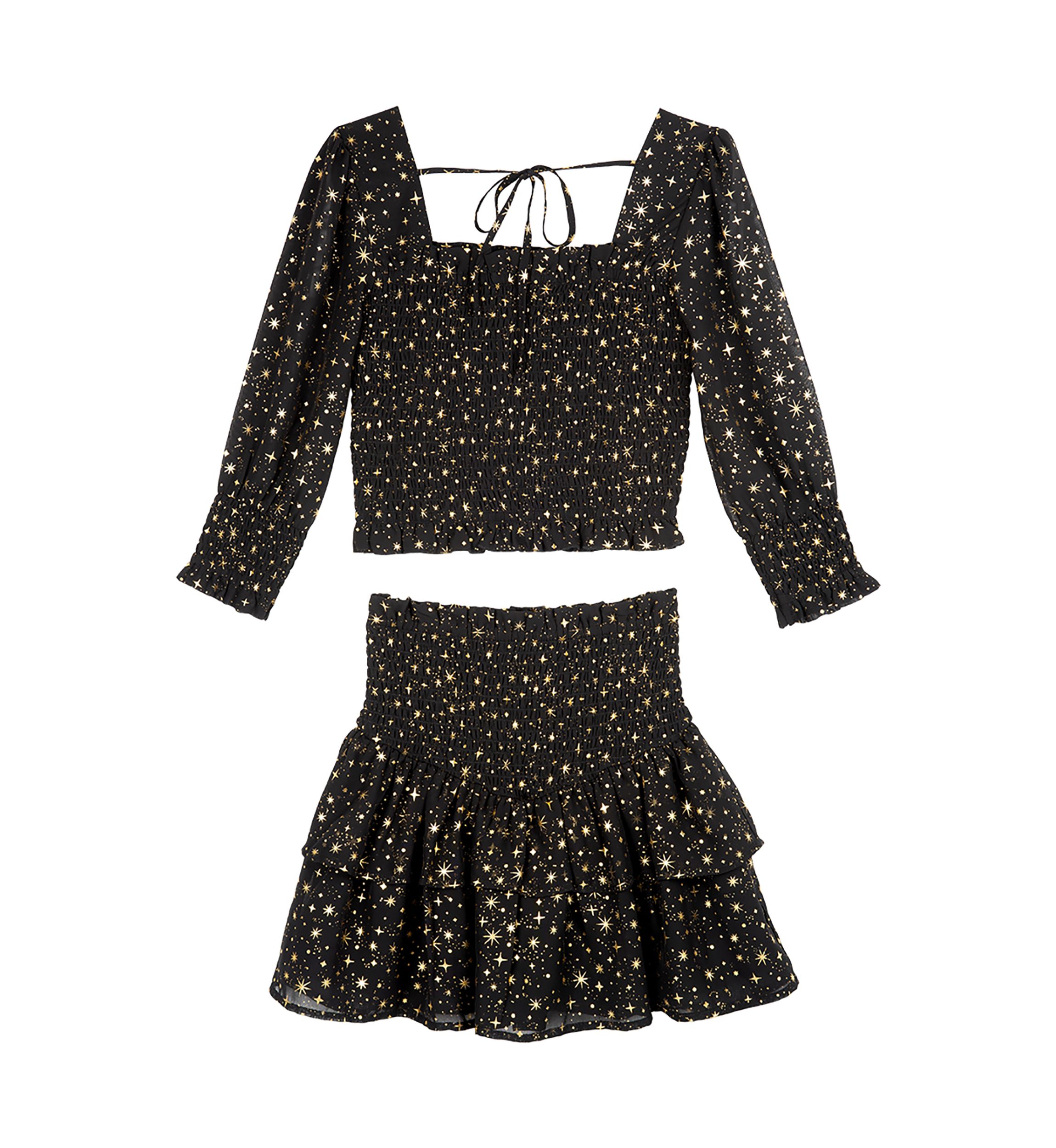 Girls 4-6x Foil Printed Smocked Chiffon Top and Ruffle Skirt Set