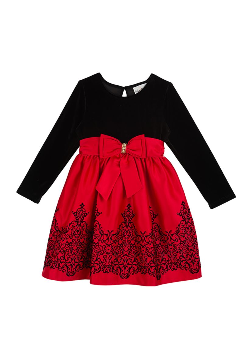 Girls 4-6x Velvet Bodice to Flocking Satin Skirt Dress