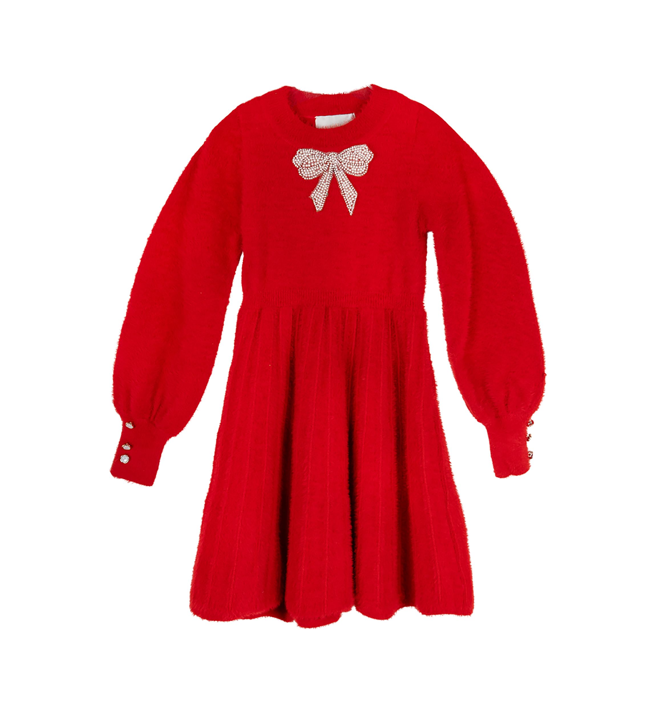 Girls 4-6x Fuzzy Sweater Dress with Bow Pearl Appliqué