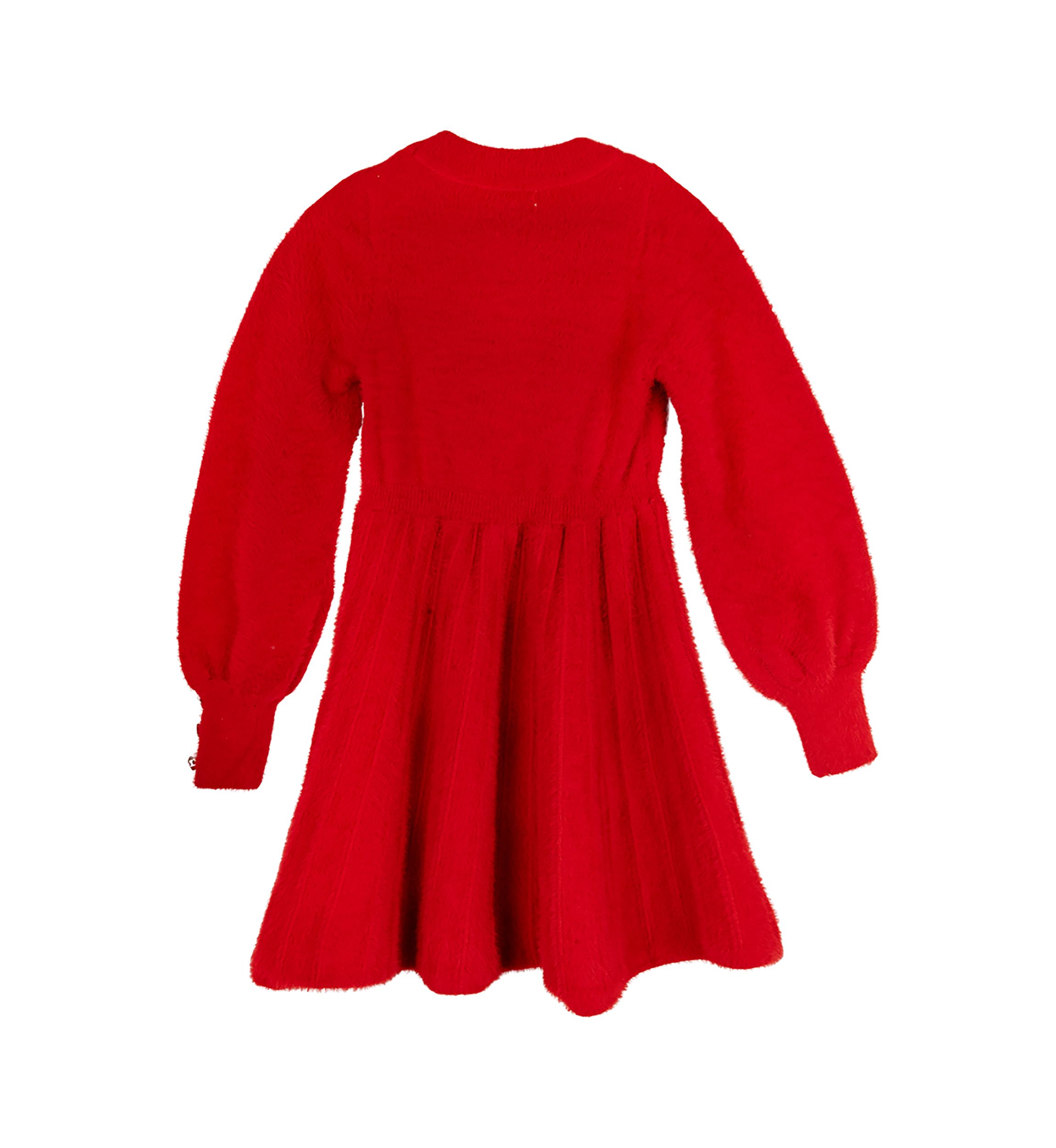 Girls 4-6x Fuzzy Sweater Dress with Bow Pearl Appliqué