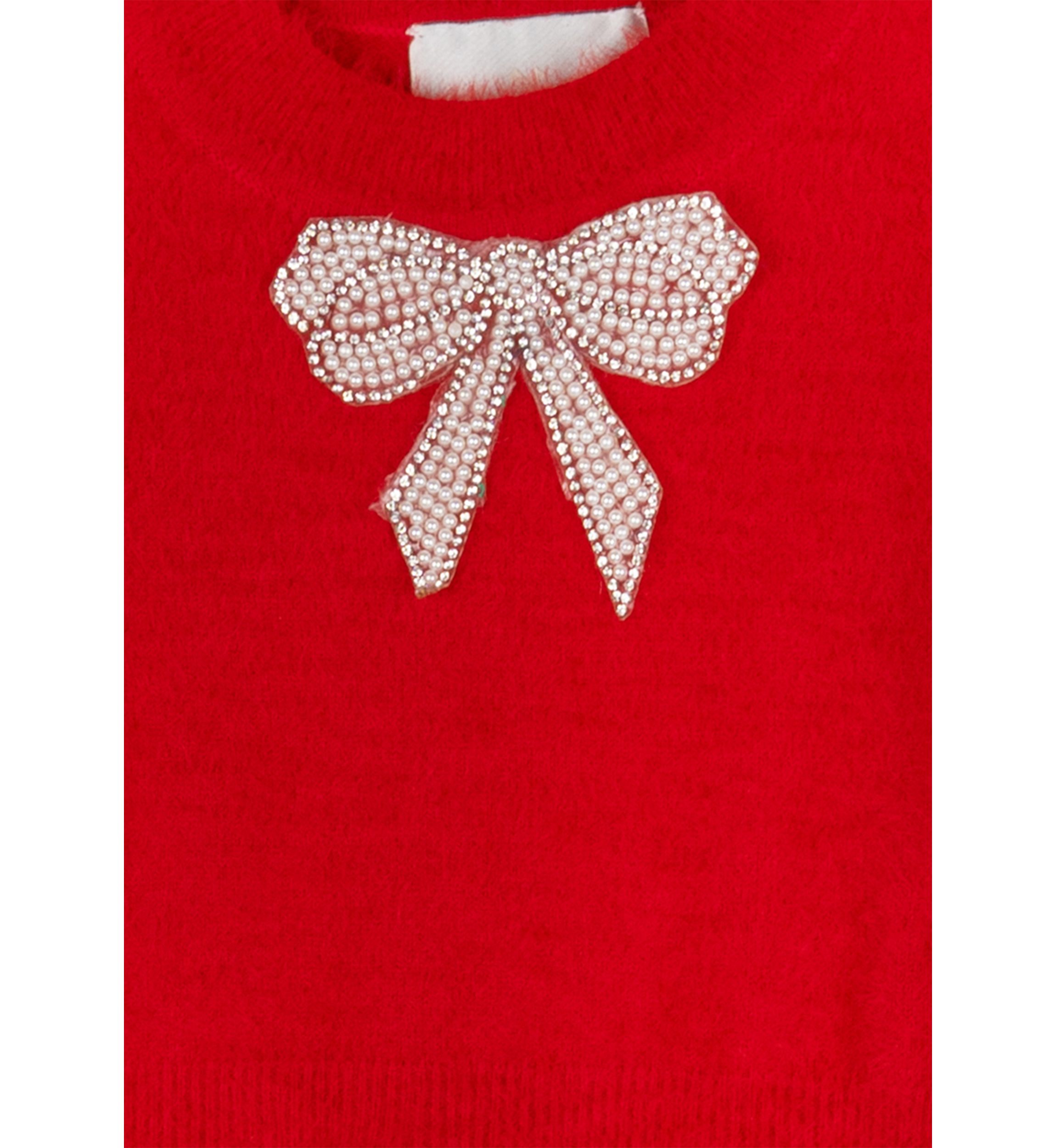 Girls 4-6x Fuzzy Sweater Dress with Bow Pearl Appliqué