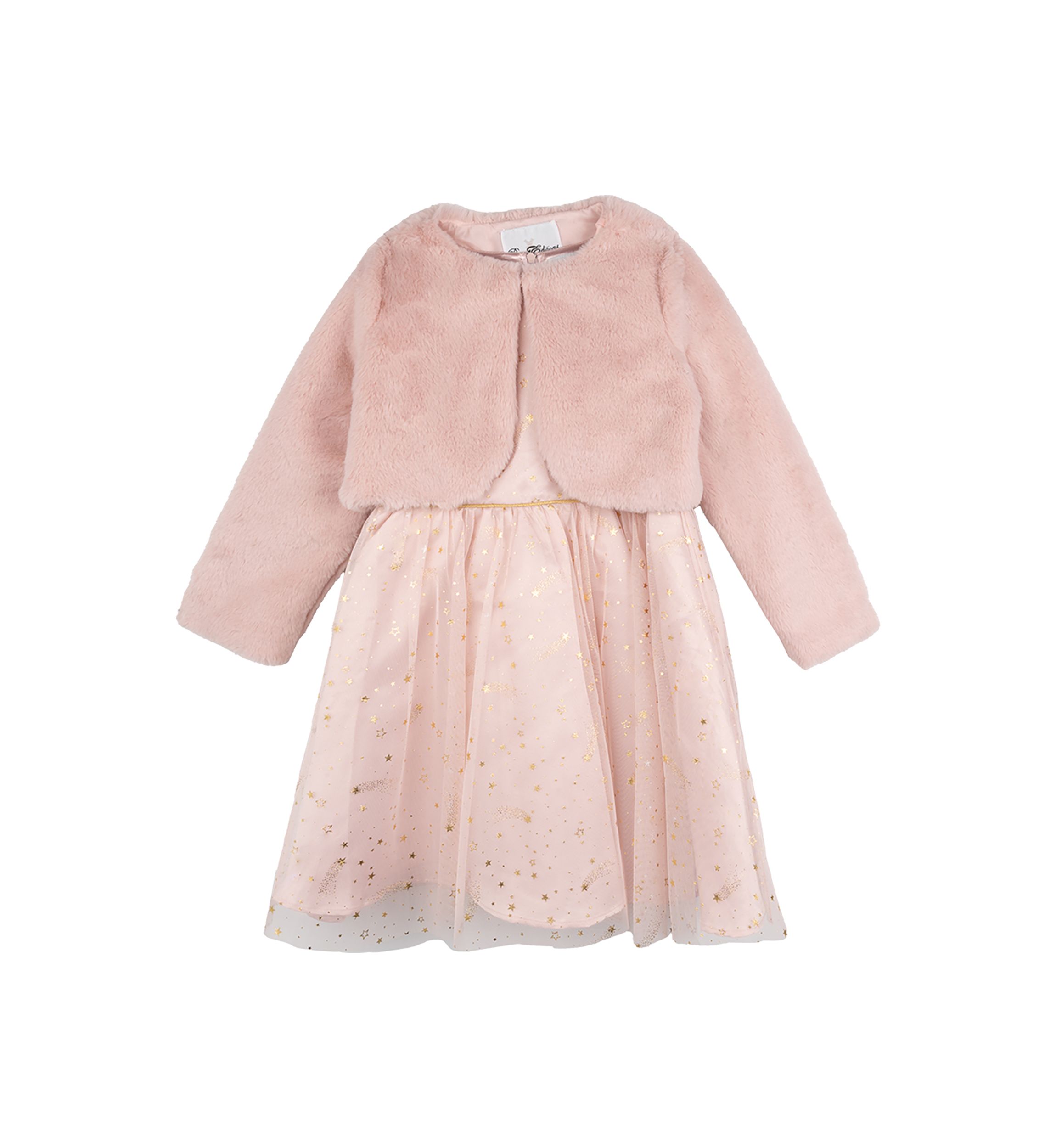 Girls 4-6x Foil Stars Dress with Matching Fur Jacket