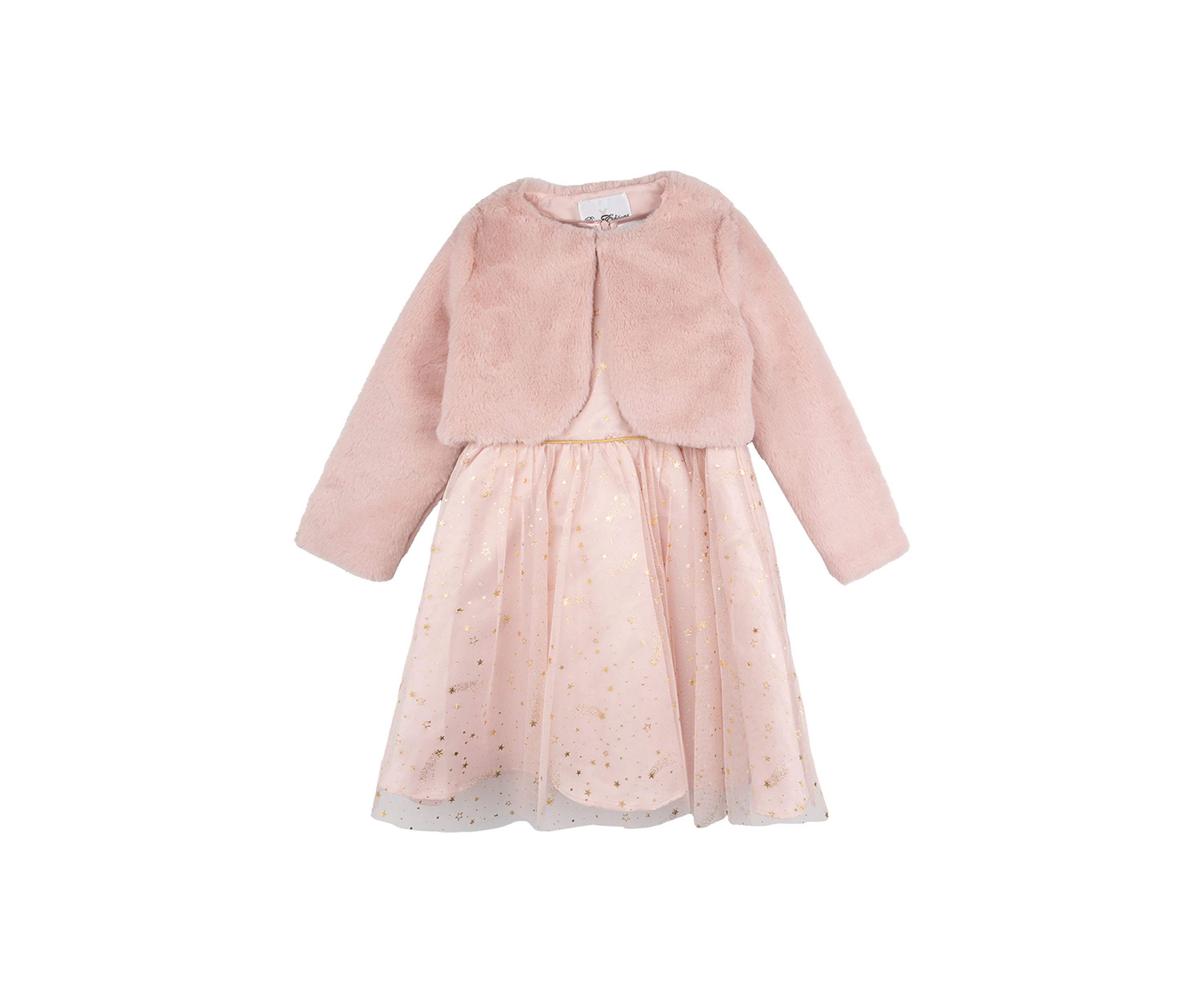 Girls 4-6x Foil Stars Dress with Matching Fur Jacket