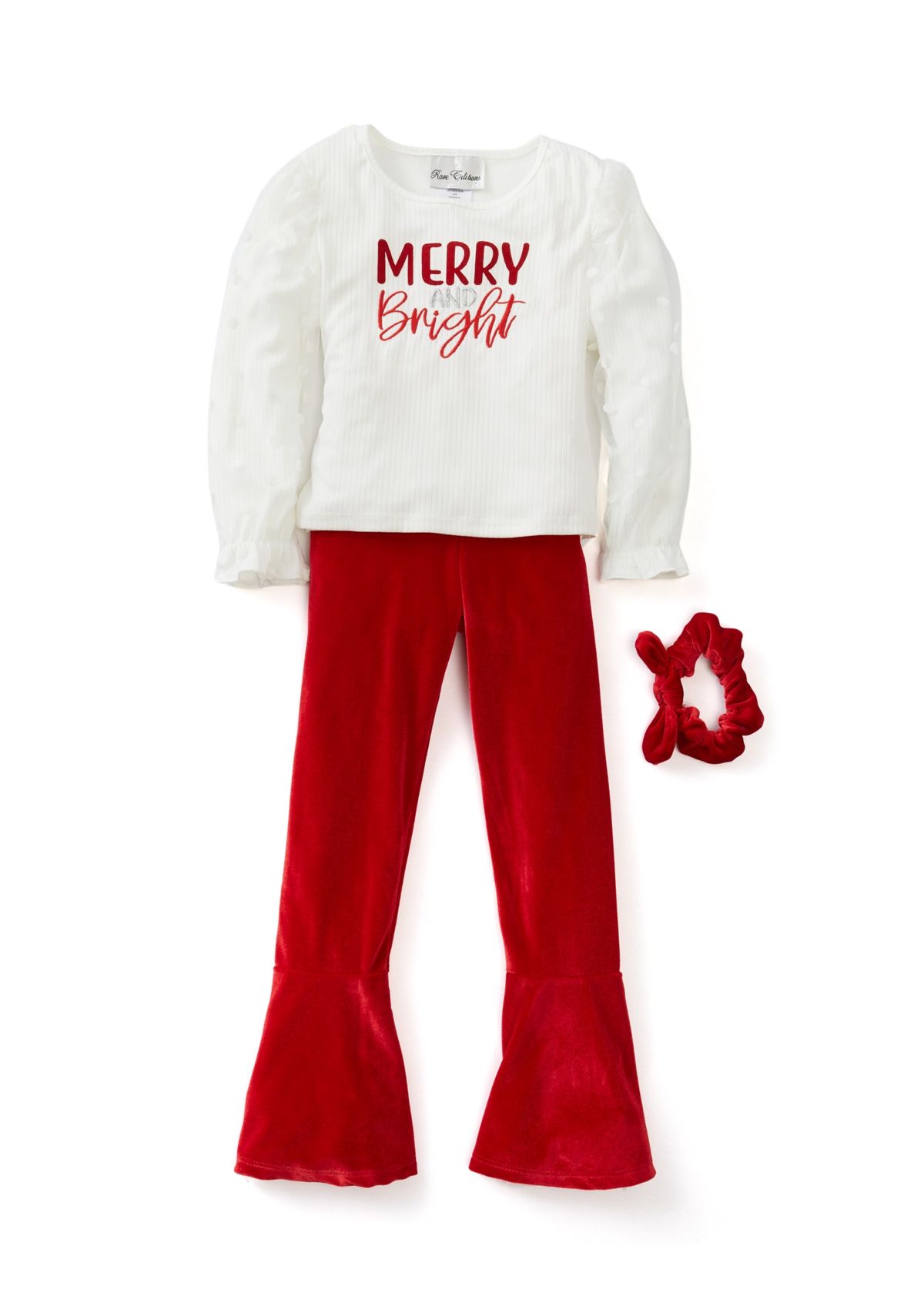 Girls 4-6x Rib Knit Merry and Bright Top with Velvet Pants and Scrunchie 