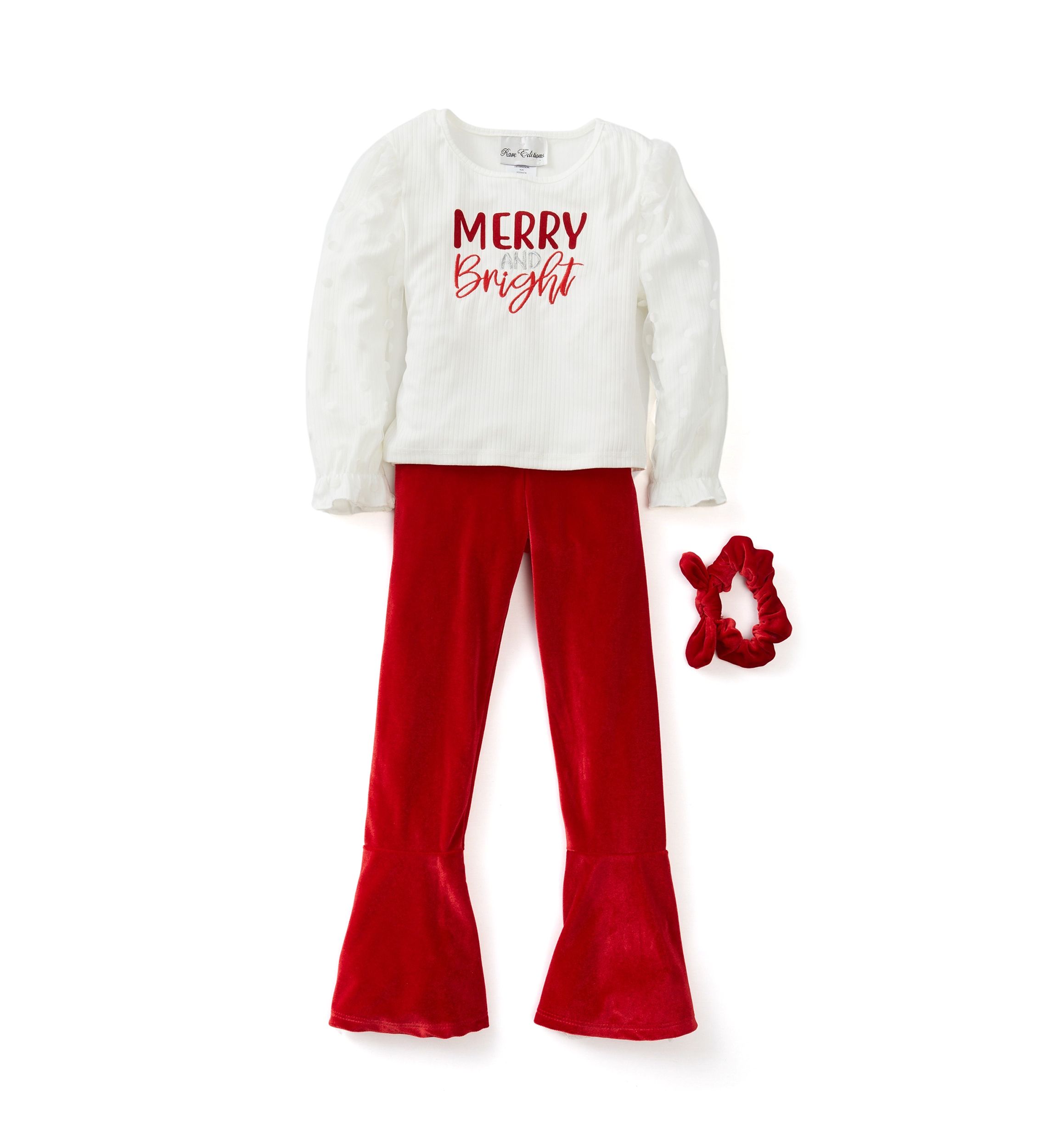 Girls 4-6x Rib Knit Merry and Bright Top with Velvet Pants and Scrunchie 