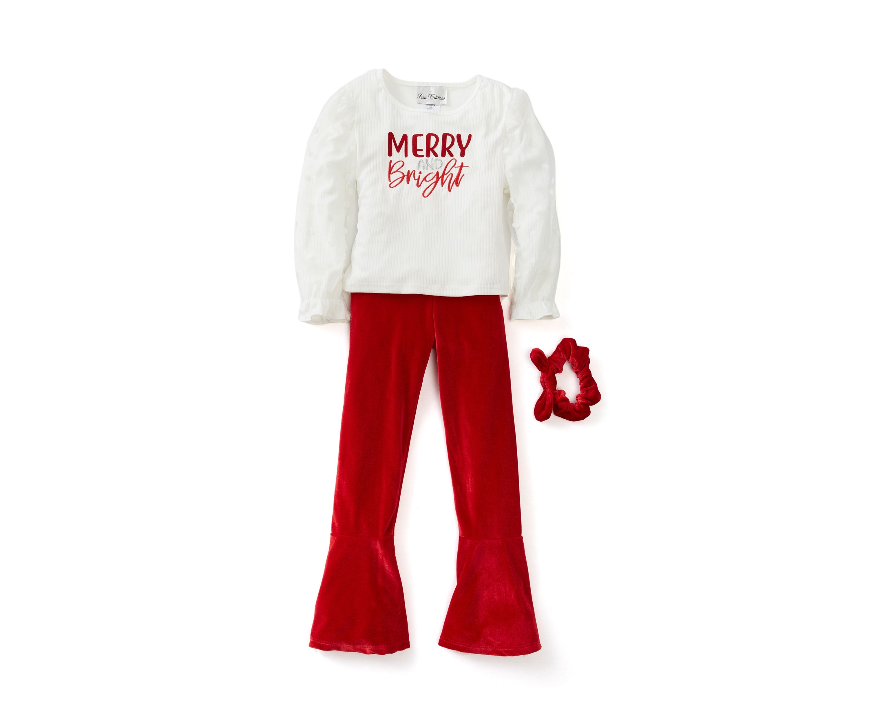 Girls 4-6x Rib Knit Merry and Bright Top with Velvet Pants and Scrunchie 