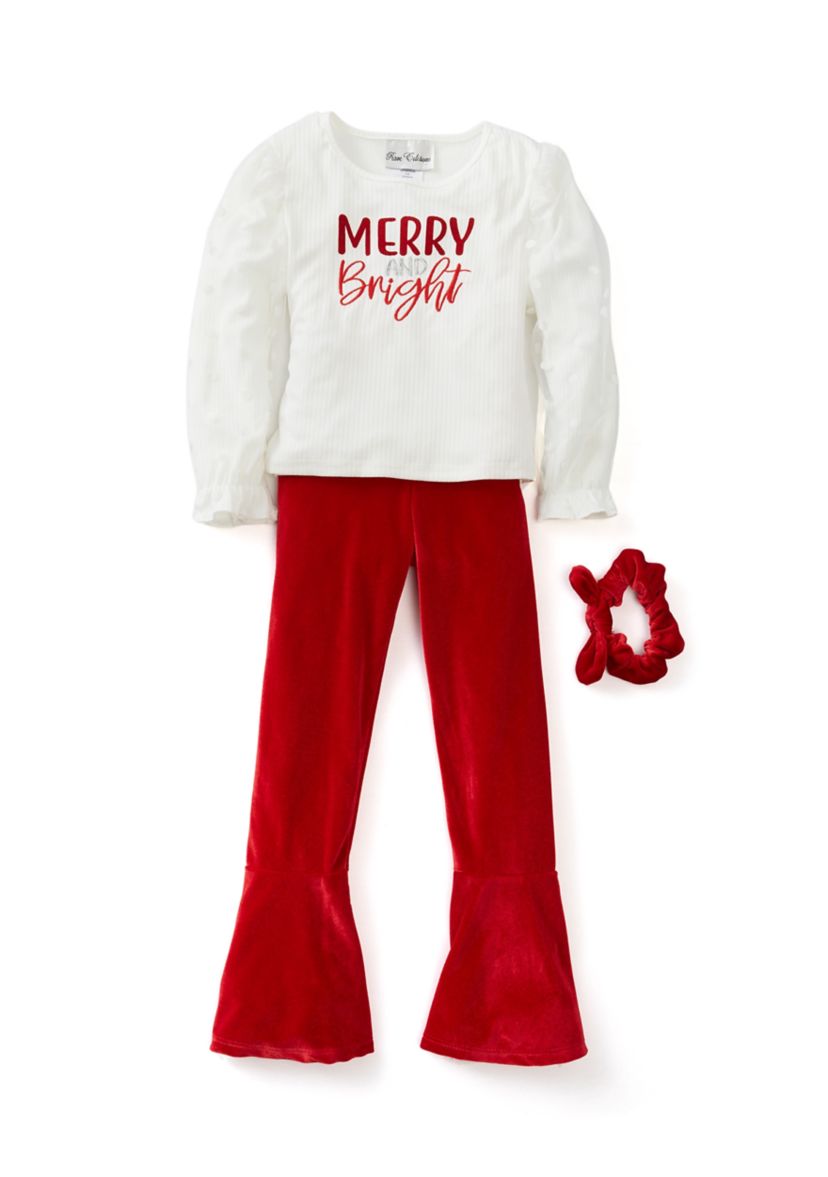 Girls 4-6x Rib Knit Merry and Bright Top with Velvet Pants and Scrunchie 
