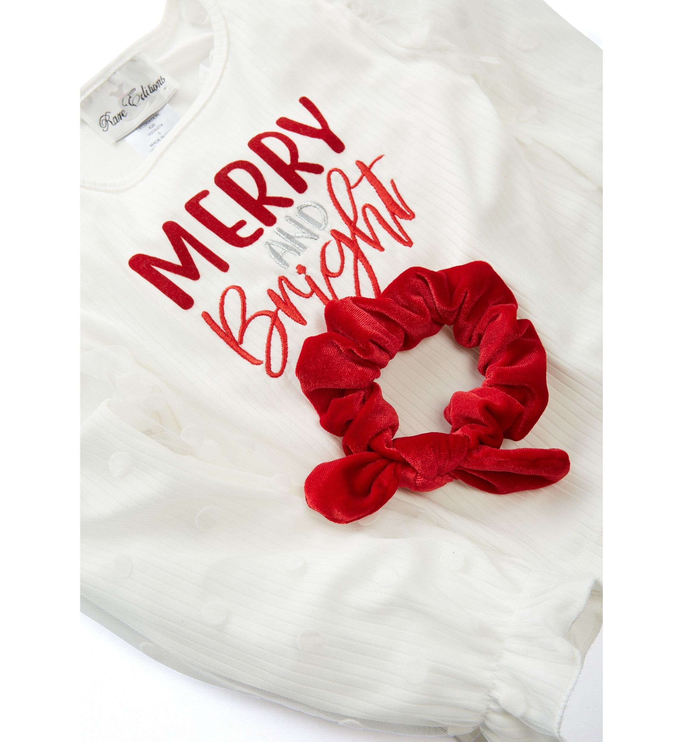 Girls 4-6x Rib Knit Merry and Bright Top with Velvet Pants and Scrunchie 