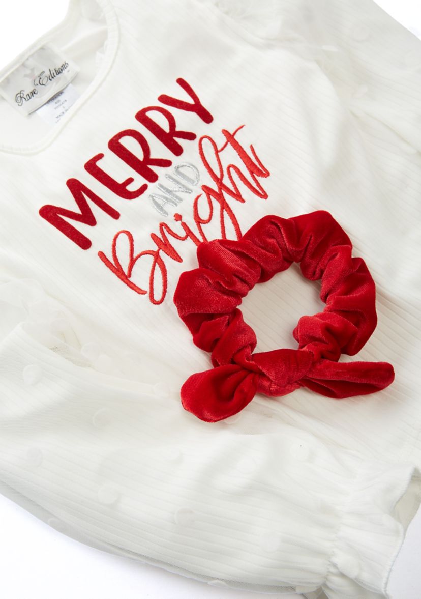 Girls 4-6x Rib Knit Merry and Bright Top with Velvet Pants and Scrunchie 
