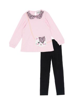 Rare Editions Girls 4-6x Long Sleeve Cat Top and Solid Legging Set