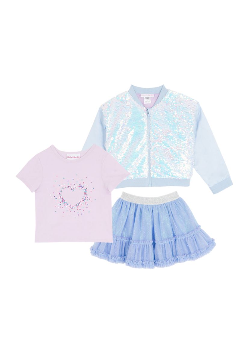 Girls 4-6x Sequin Jacket, Skirt and Heart Graphic T-Shirt 