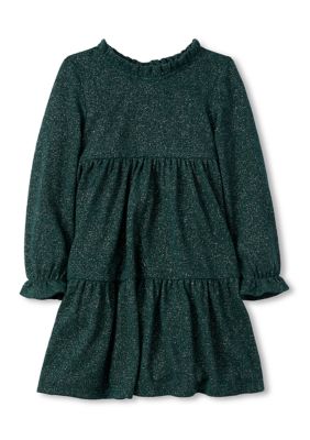 Rare Editions Girls 4-6x Glitter Knit Tiered Dress, Green, 5
