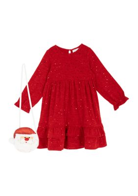 Girls 4-6x Red Glitter Ruffle Dress with Santa Handbag