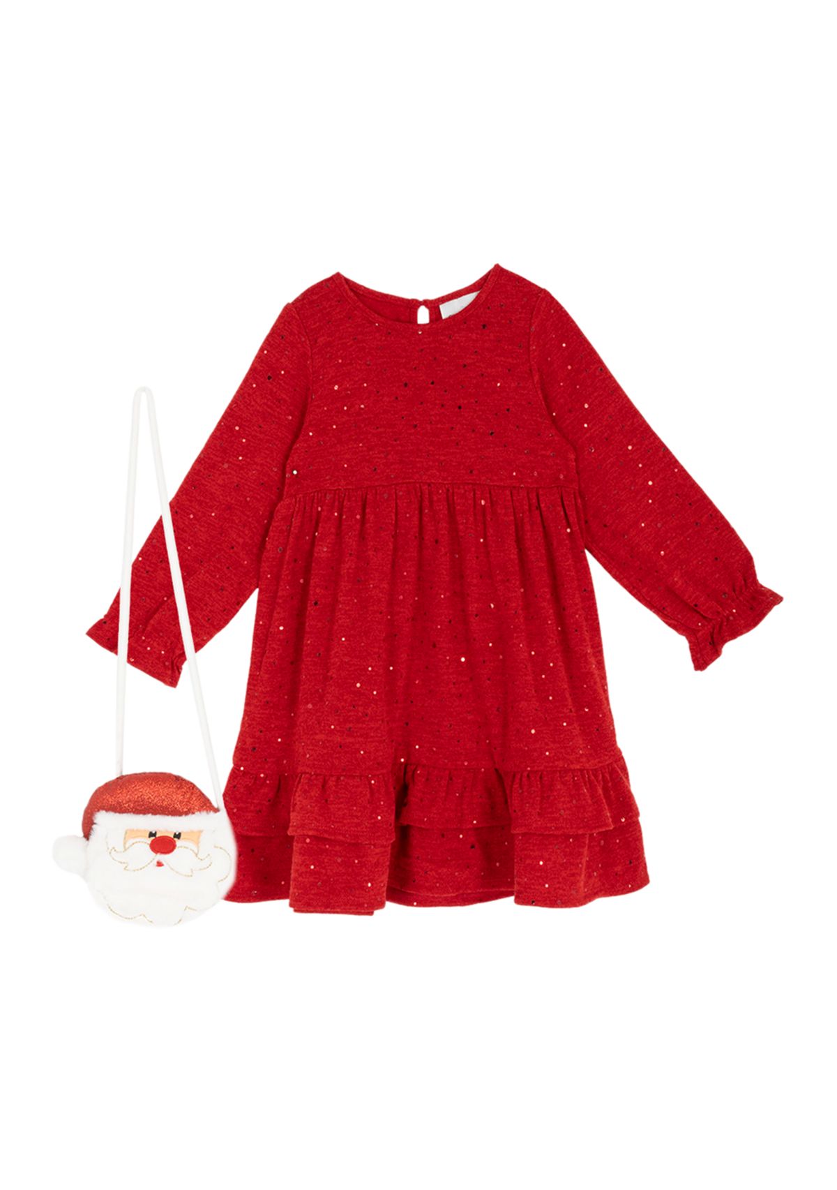 Girls 4-6x Red Glitter Ruffle Dress with Santa Handbag