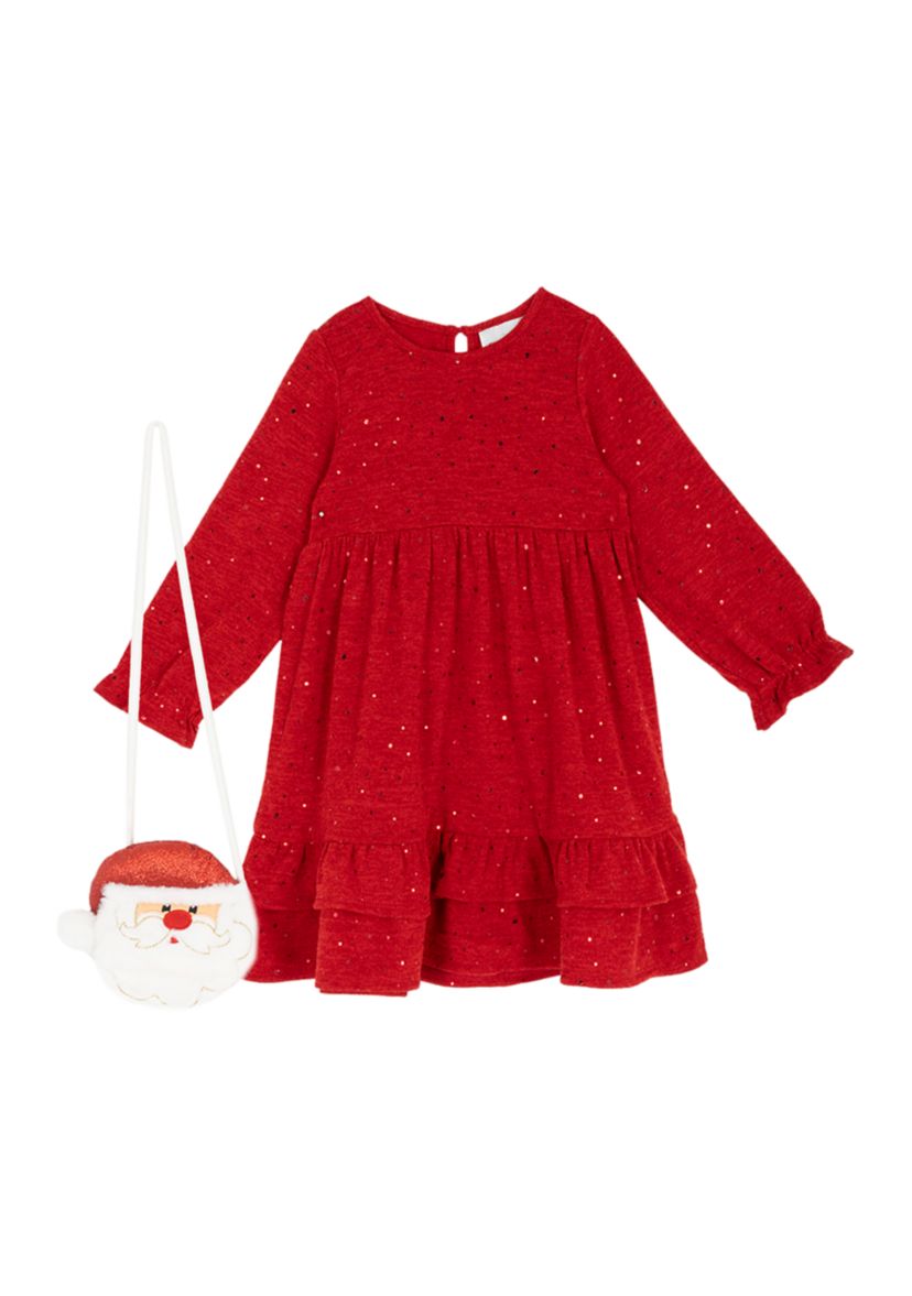 Girls 4-6x Red Glitter Ruffle Dress with Santa Handbag