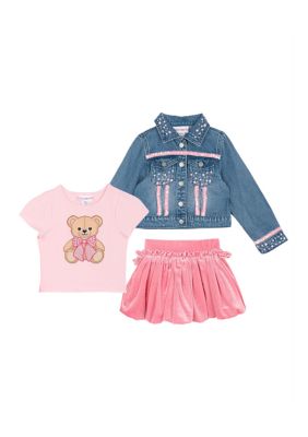 Rare Editions Girls 4-6x Short Sleeve Bear Graphic T-Shirt and Skirt Set with Denim Jacket, Pink