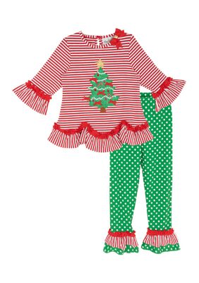 Rare Editions Girls 4-6x Christmas Tree Long Sleeve Shirt and Ruffle Pants Set
