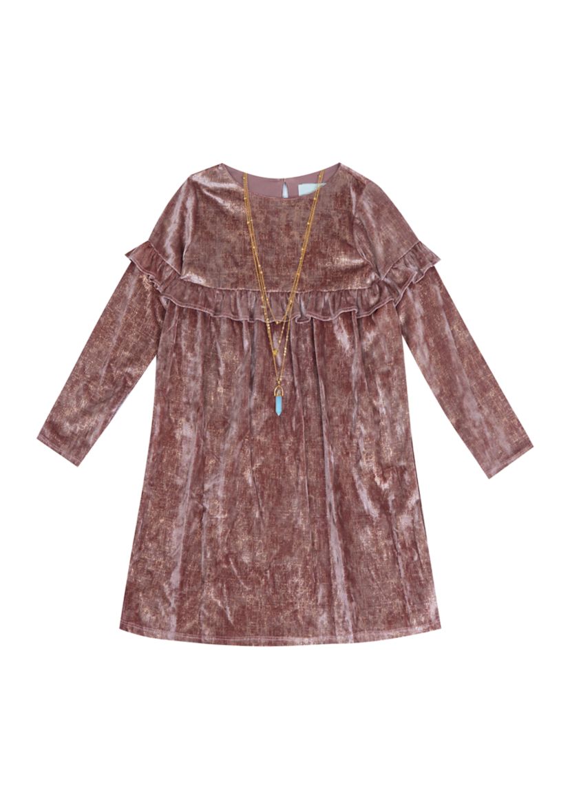 Girls 7-16 Crushed Velvet Babydoll Dress with Necklace 