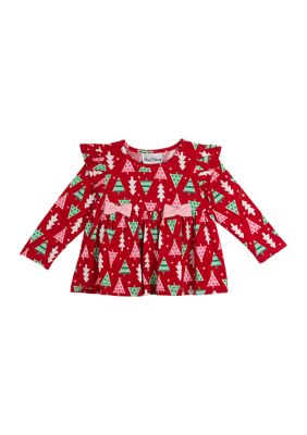 Girls 7-16 Long Sleeve Tree Print Ruffle Shoulder Top