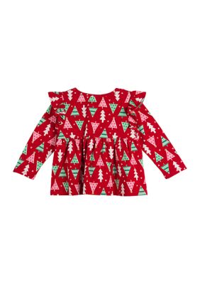 Girls 7-16 Long Sleeve Tree Print Ruffle Shoulder Top